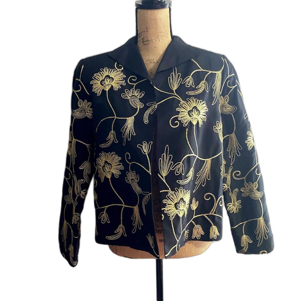 Silk Club Collection Black Gold‎ Floral Embroidered Evening Jacket Blazer Medium